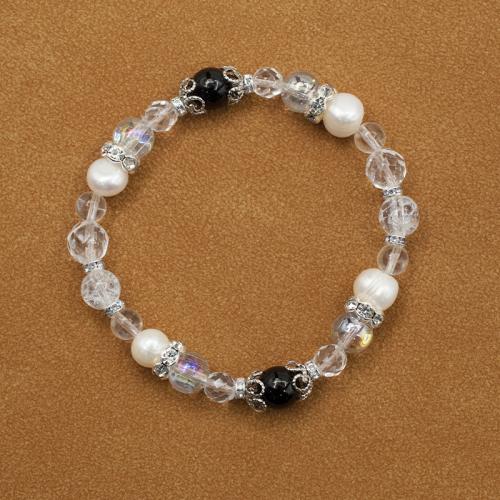 Bracelets de pierres précieuses, quartz clair, avec Schorl & perle de plastique & fer, bijoux de mode & avec strass, couleurs mélangées, 8mm, Longueur Environ 19 cm, Vendu par PC
