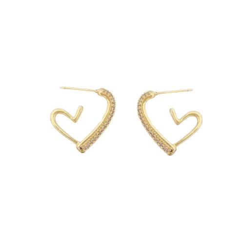 Boucles d'oreilles en laiton zircon cubique pavent, coeur, Plaqué d'or, bijoux de mode & pavé de micro zircon & pour femme, Vendu par paire