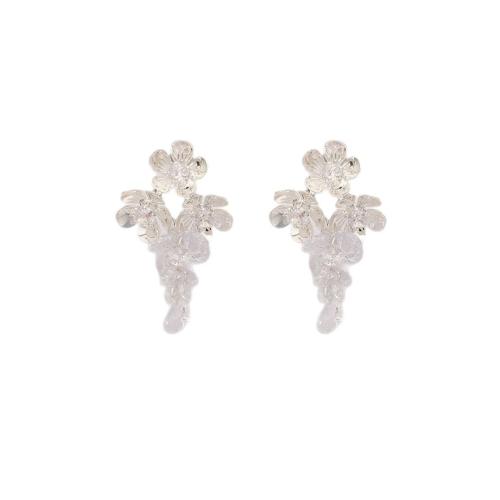 Boucles d'oreilles en laiton zircon cubique pavent, fleur, Placage, bijoux de mode & pavé de micro zircon & pour femme, argent, Vendu par paire