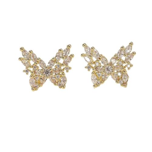 Boucles d'oreilles en laiton zircon cubique pavent, papillon, Plaqué d'or, bijoux de mode & pavé de micro zircon & pour femme, Vendu par paire