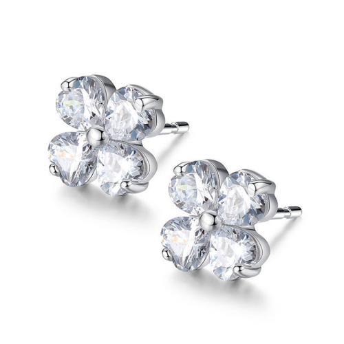 Argent sterling 925 boucle d oreille dormeuse, Trèfle à quatre feuilles, pour femme & avec strass, 8x8mm, Vendu par paire