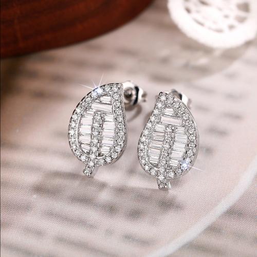 Boucles d'oreilles en laiton zircon cubique pavent, feuille, Placage, bijoux de mode & pavé de micro zircon & pour femme, Vendu par paire