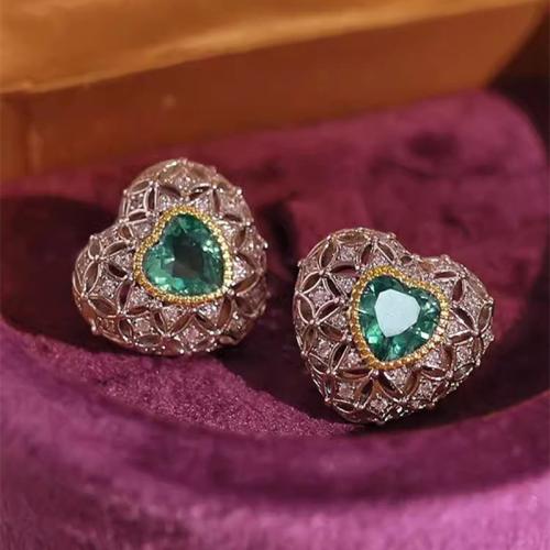 Boucles d'oreilles en laiton zircon cubique pavent, coeur, Placage, pavé de micro zircon & pour femme & creux, Vendu par paire