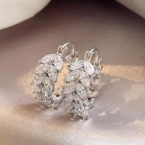 Boucles d'oreilles en laiton zircon cubique pavent, feuille, Placage, bijoux de mode & pavé de micro zircon & pour femme, Vendu par paire