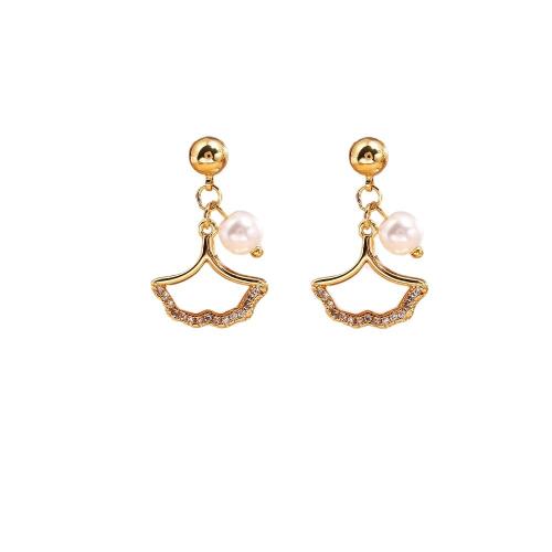 Boucles d'oreilles en laiton zircon cubique pavent, avec perle de plastique, Ginkgo Feuille, Plaqué d'or, bijoux de mode & pavé de micro zircon & pour femme, Vendu par paire