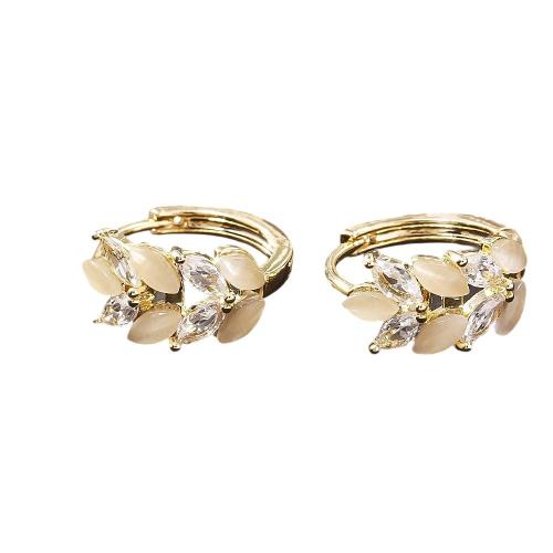 Boucles d'oreilles en laiton zircon cubique pavent, avec zircon cubique & Oeil de chat, blé, Plaqué d'or, bijoux de mode & pour femme, Vendu par paire