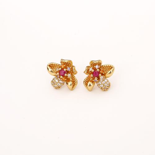 Boucles d'oreilles en laiton zircon cubique pavent, fleur, Plaqué or 18K, bijoux de mode & pavé de micro zircon & pour femme, Vendu par paire