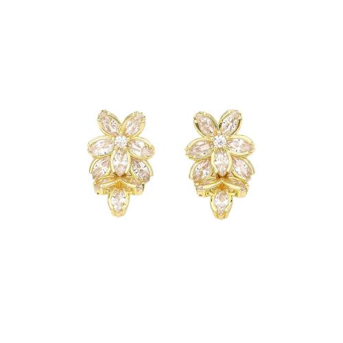 Boucles d'oreilles en laiton zircon cubique pavent, avec zircon cubique, fleur, Plaqué d'or, bijoux de mode & pour femme, Vendu par paire