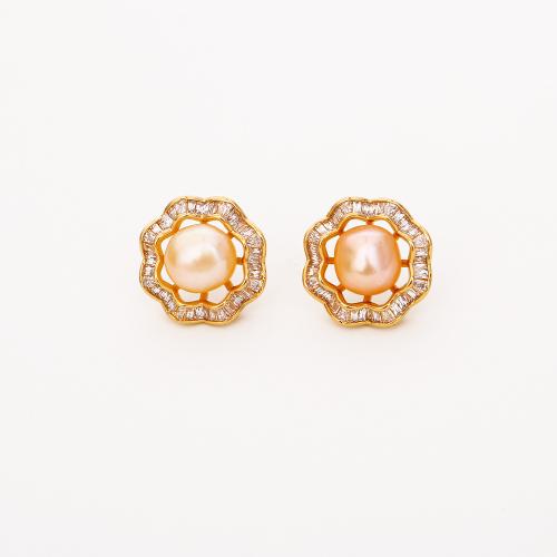 Boucles d'oreilles en laiton zircon cubique pavent, avec perle d'eau douce cultivée, Plaqué d'or, bijoux de mode & pavé de micro zircon & pour femme & creux, Vendu par paire