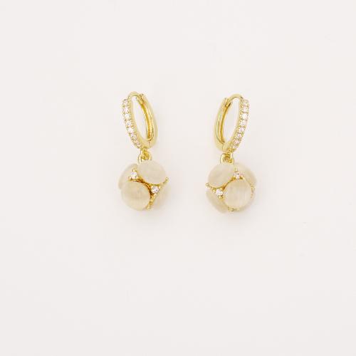 Boucles d'oreilles en laiton zircon cubique pavent, avec Oeil de chat, Plaqué d'or, bijoux de mode & pavé de micro zircon & pour femme, Vendu par paire