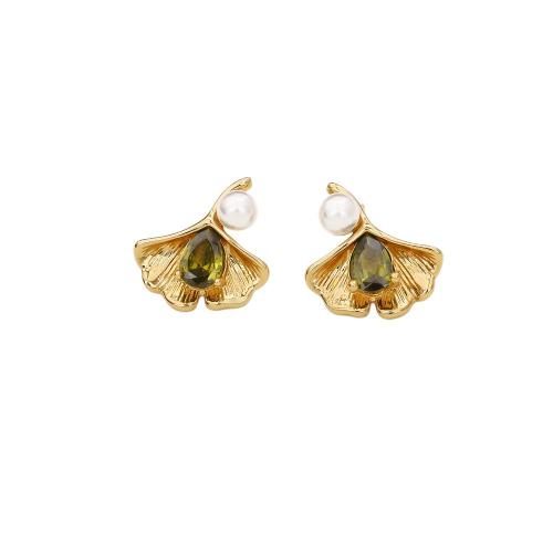 Boucles d'oreilles en laiton zircon cubique pavent, avec zircon cubique & perle de plastique, Ginkgo Feuille, Plaqué d'or, bijoux de mode & pour femme, Vendu par paire