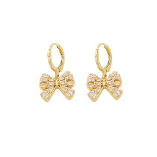 Boucles d'oreilles en laiton zircon cubique pavent, avec zircon cubique, Noeud papillon, Plaqué d'or, bijoux de mode & pour femme, Vendu par paire