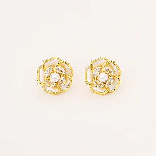 Boucles d'oreilles en laiton zircon cubique pavent, avec zircon cubique & perle de plastique, fleur, Plaqué d'or, bijoux de mode & pour femme, Vendu par paire