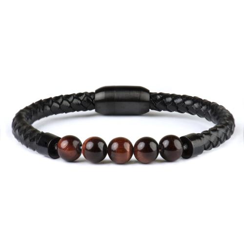 cuir PU bracelet, avec pierre gemme & Acier inoxydable 304, fait à la main, différents matériaux pour le choix & pour homme, beads size 8mm, Longueur Environ 8.5 pouce, Vendu par PC