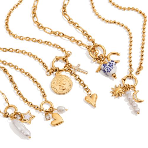 Nerezová ocel šperky náhrdelník, 304 Stainless Steel, s Sladkovodní Pearl, různé styly pro výběr & pro ženy & s drahokamu, zlatý, Prodáno By PC