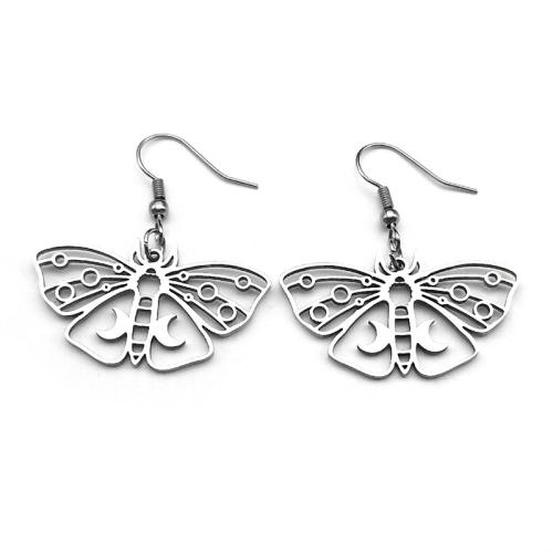 Edelstahl Tropfen Ohrring, 304 Edelstahl, Schmetterling, plattiert, Modeschmuck & für Frau & hohl, Silberfarbe, verkauft von Paar