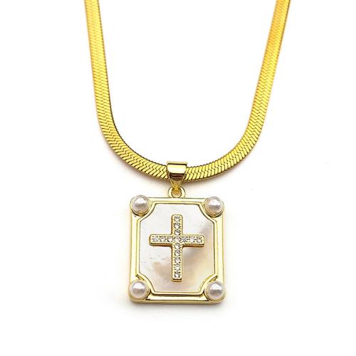 Collier en laiton, avec coquille blanche & perle de plastique, Placage de couleur d'or, bijoux de mode & pour femme, Vendu par PC