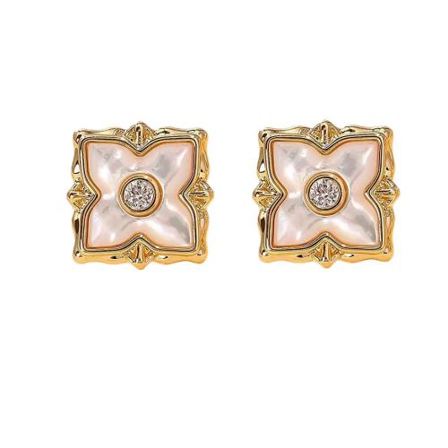 Boucles d'oreilles en laiton zircon cubique pavent, Trèfle à quatre feuilles, Plaqué d'or, bijoux de mode & pavé de micro zircon & pour femme, Vendu par paire