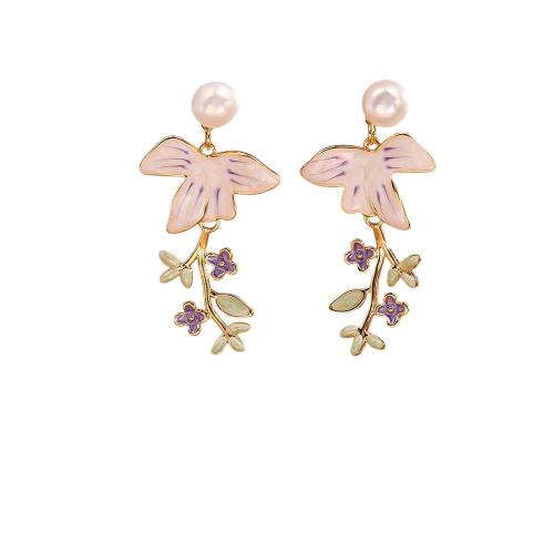 Boucles d'oreilles pendantes en laiton, avec perle de plastique, Pétales, Plaqué d'or, bijoux de mode & pour femme & émail, plus de couleurs à choisir, Vendu par paire