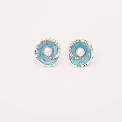 Boucles d'oreilles en laiton zircon cubique pavent, avec perle de plastique, conque, Placage, bijoux de mode & pavé de micro zircon & pour femme & émail, plus de couleurs à choisir, Vendu par paire