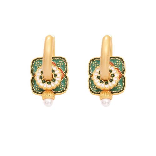 Boucles d'oreilles pendantes en laiton, avec perle de plastique, Plaqué d'or, bijoux de mode & pour femme & émail, Vendu par paire