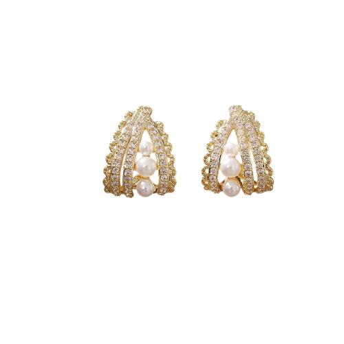 Boucles d'oreilles en laiton zircon cubique pavent, avec perle de plastique, Placage, pavé de micro zircon & pour femme & creux, plus de couleurs à choisir, Vendu par paire