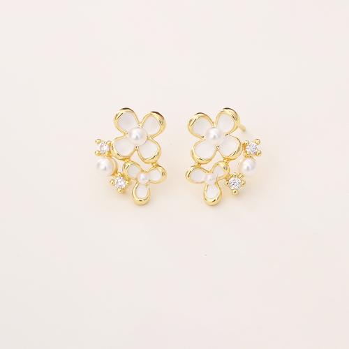 Boucles d'oreilles en laiton zircon cubique pavent, avec perle de plastique, fleur, Plaqué d'or, pavé de micro zircon & pour femme & émail, Vendu par paire