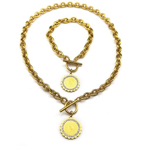 Rhinestone Edelstahl Schmuck Set, Armband & Halskette, 304 Edelstahl, plattiert, 2 Stück & für Frau & mit Strass, keine, verkauft von setzen