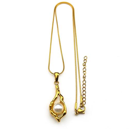 Nerezová ocel šperky náhrdelník, 304 Stainless Steel, s Plastové Pearl, 18K pozlacené, módní šperky & pro ženy & dutý, Prodáno By PC