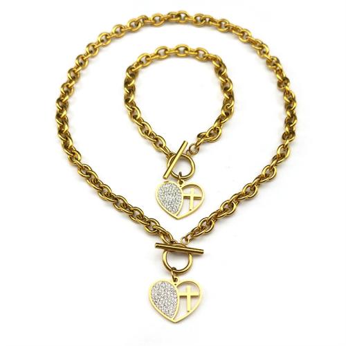 Rhinestone Edelstahl Schmuck Set, 304 Edelstahl, plattiert, 2 Stück & für Frau & mit Strass & hohl, keine, verkauft von setzen