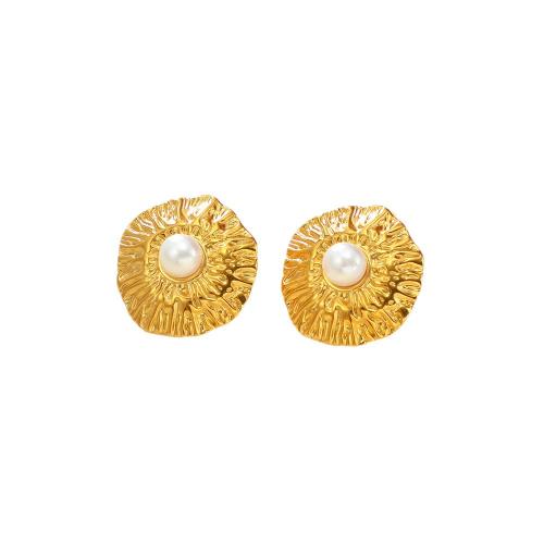 Boucle d'oreille de gaujon en acier inoxydable, Acier inoxydable 304, avec perle de plastique, Feuille de Lotus, Plaqué or 18K, bijoux de mode & pour femme, Vendu par paire