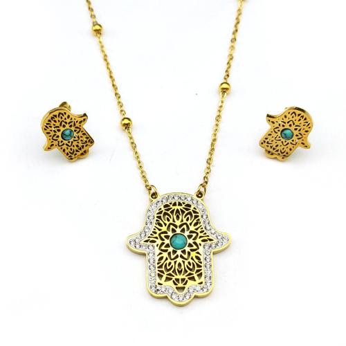 Rhinestone Stainless Steel Jewelry Set Stud Earring & necklace 304 Stainless Steel with Turquoise Hand plated 2 pieces & for woman & with rhinestone & hollow golden Sold By Set