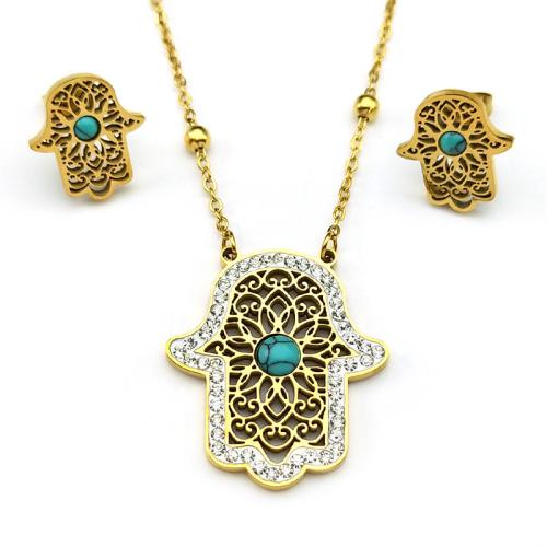 Rhinestone Stainless Steel Jewelry Set Stud Earring & necklace 304 Stainless Steel with Turquoise Hand plated 2 pieces & for woman & with rhinestone & hollow golden Sold By Set