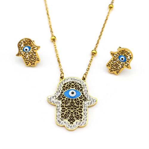 Ensemble de bijoux de mauvais œil, Boucle d’oreille stud & collier, Acier inoxydable 304, main, goutté d'époxy, 2 pièces & pour femme & avec strass & creux, doré, Vendu par PC