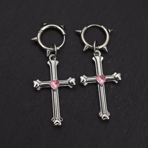 Boucles d'oreilles en alliage de zinc, croix, Placage de couleur d'or, bijoux de mode & émail & avec strass, plus de couleurs à choisir, Vendu par paire