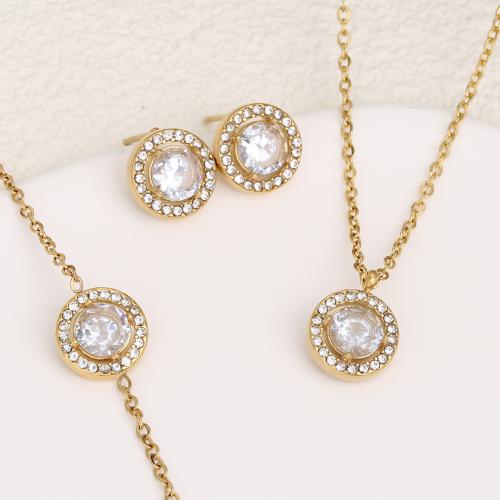 Rhinestone nerūdijančio plieno juvelyrikos rinkinys, Stud auskarai & apyrankė & karoliai, 304 Nerūdijantis plienas, padengtą, trys vienetai & moters & su Kalnų krištolas, daugiau spalvų pasirinkimas, Pardavė PC