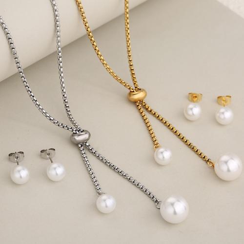 Stainless Steel smycken Ställer, Stud Örhänge & halsband, 304 rostfritt stål, med Plast Pearl, plated, 2 stycken & mode smycken & för kvinna, fler färger för val, Säljs av Ställ