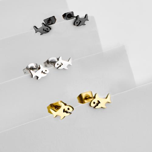 Boucle d'oreille de gaujon en acier inoxydable, Acier inoxydable 304, Requin, Placage, bijoux de mode, plus de couleurs à choisir, 12pairescouple/sac, Vendu par sac