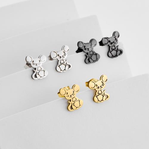 Boucle d'oreille de gaujon en acier inoxydable, Acier inoxydable 304, souris, Placage, bijoux de mode, plus de couleurs à choisir, 12PC/sac, Vendu par sac