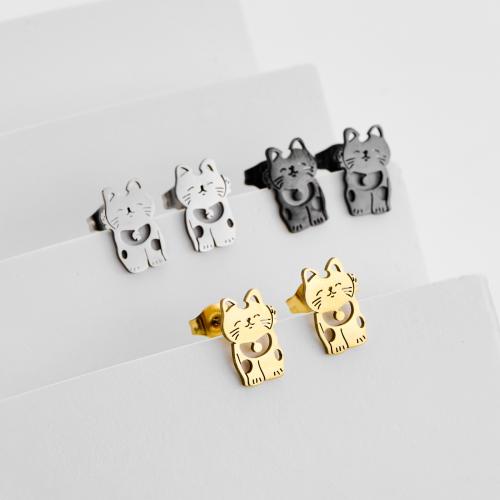 Boucle d'oreille de gaujon en acier inoxydable, Acier inoxydable 304, chat, Placage, bijoux de mode, plus de couleurs à choisir, 12pairescouple/sac, Vendu par sac