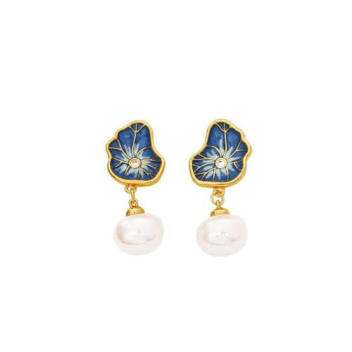 Farraige Theas Shell Earring, Prás, le Shell Pearl, Lotus Leaf, óir fíor plated, micrea réiteach zirconia ciúbach & do bhean & cruan, dathanna níos mó le haghaidh rogha, Díolta De réir Péire