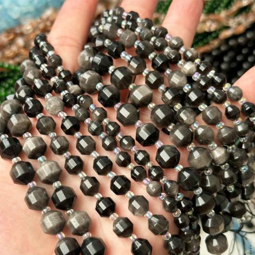 Gemstone Smycken Pärlor, Silver + Obsidian, Lykta, DIY & olika storlek för val & fasetterad, Såld Per Ca 38 cm Strand