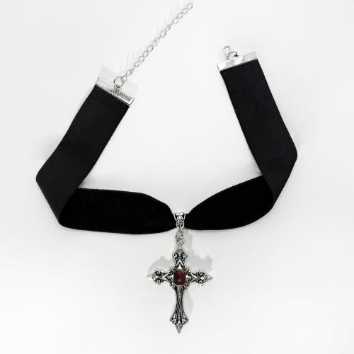 Sammet choker, Zink Alloy, Cross, guldfärg pläterade, mode smycken & med strass, fler färger för val, Säljs av PC
