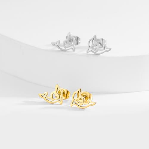 Boucle d'oreille de gaujon en acier inoxydable, Acier inoxydable 304, dauphin, Placage, bijoux de mode, plus de couleurs à choisir, 12pairescouple/sac, Vendu par sac