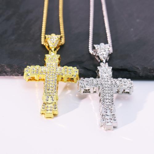 Zink Alloy tröja kedja halsband, Cross, guldfärg pläterade, mode smycken & med strass, fler färger för val, Säljs av PC