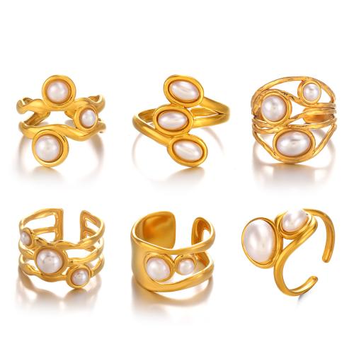 Rostfritt stål Fingerringar, 304 rostfritt stål, med Plast Pearl, guldfärg pläterade, mode smycken & olika stilar för val & för kvinna, Säljs av PC