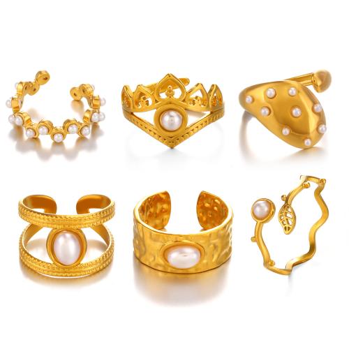 Prst prsten z nerezové oceli, 304 Stainless Steel, s Plastové Pearl, á, módní šperky & různé styly pro výběr & pro ženy, zlatý, Prodáno By PC