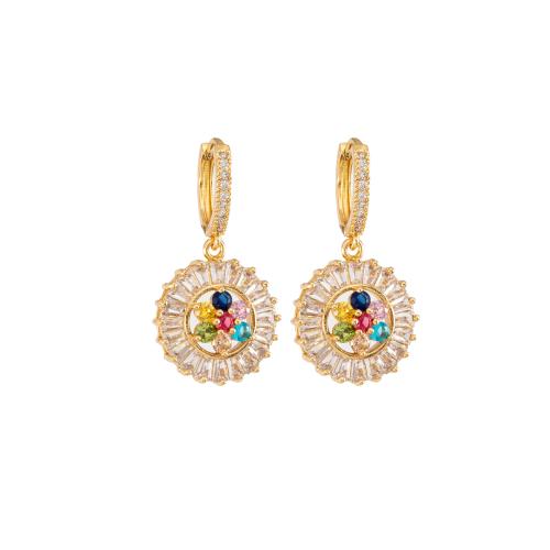 Boucles d'oreilles en laiton zircon cubique pavent, fleur, Placage, bijoux de mode & pavé de micro zircon, couleurs mélangées, protéger l'environnement, sans nickel, plomb et cadmium, Vendu par paire