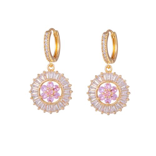 Boucles d'oreilles en laiton zircon cubique pavent, fleur, Placage, bijoux de mode & pavé de micro zircon, doré, protéger l'environnement, sans nickel, plomb et cadmium, Vendu par paire