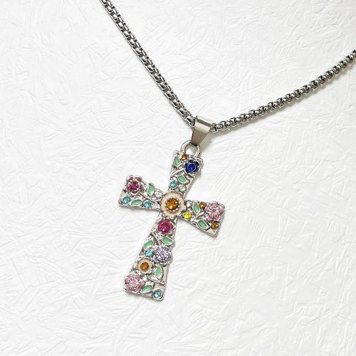 Zink Alloy tröja kedja halsband, Cross, guldfärg pläterade, mode smycken & med strass, fler färger för val, Säljs av PC